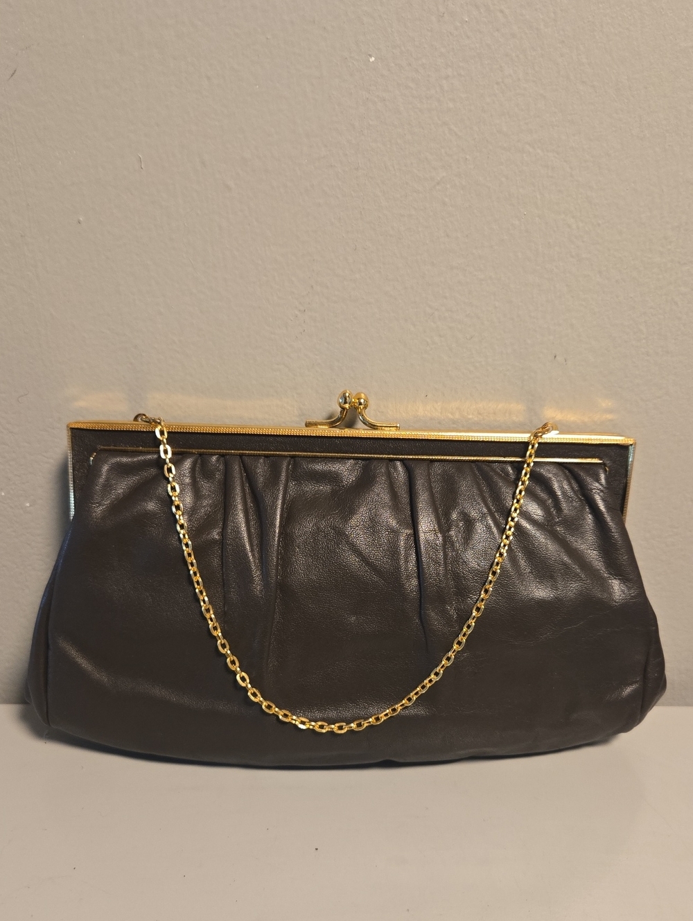 Etra Brown Leather Frame Clutch with Gold Chain